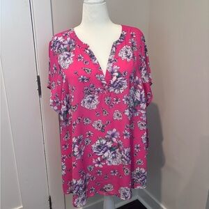 Torrid Size 4 Floral Blouse / Tunic — Hot Pink + Lavender Flowers
